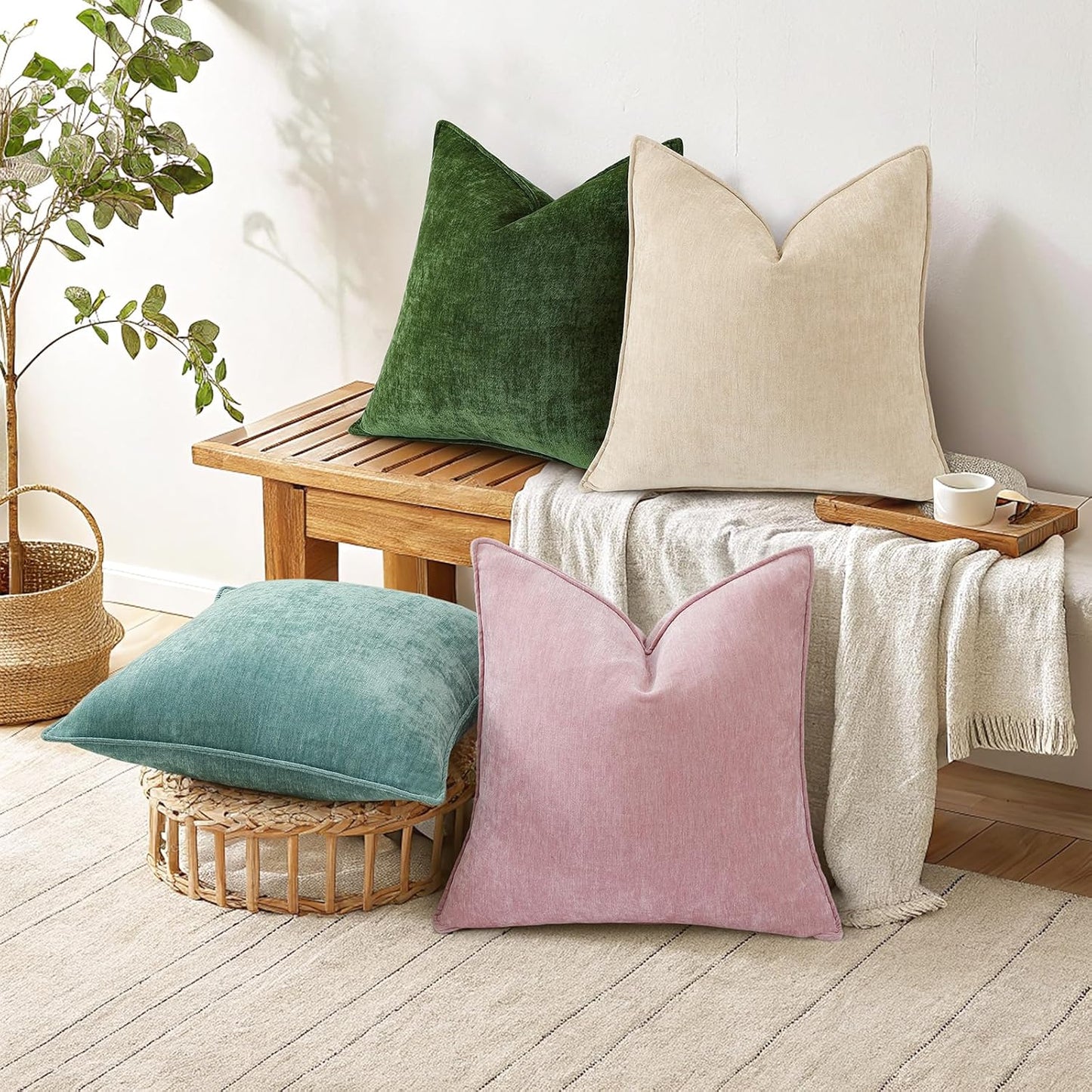 Decorative Soft Velvet Modern Chenille Pillow Cases / Natural Beige / 20 x 20 / Set of 2