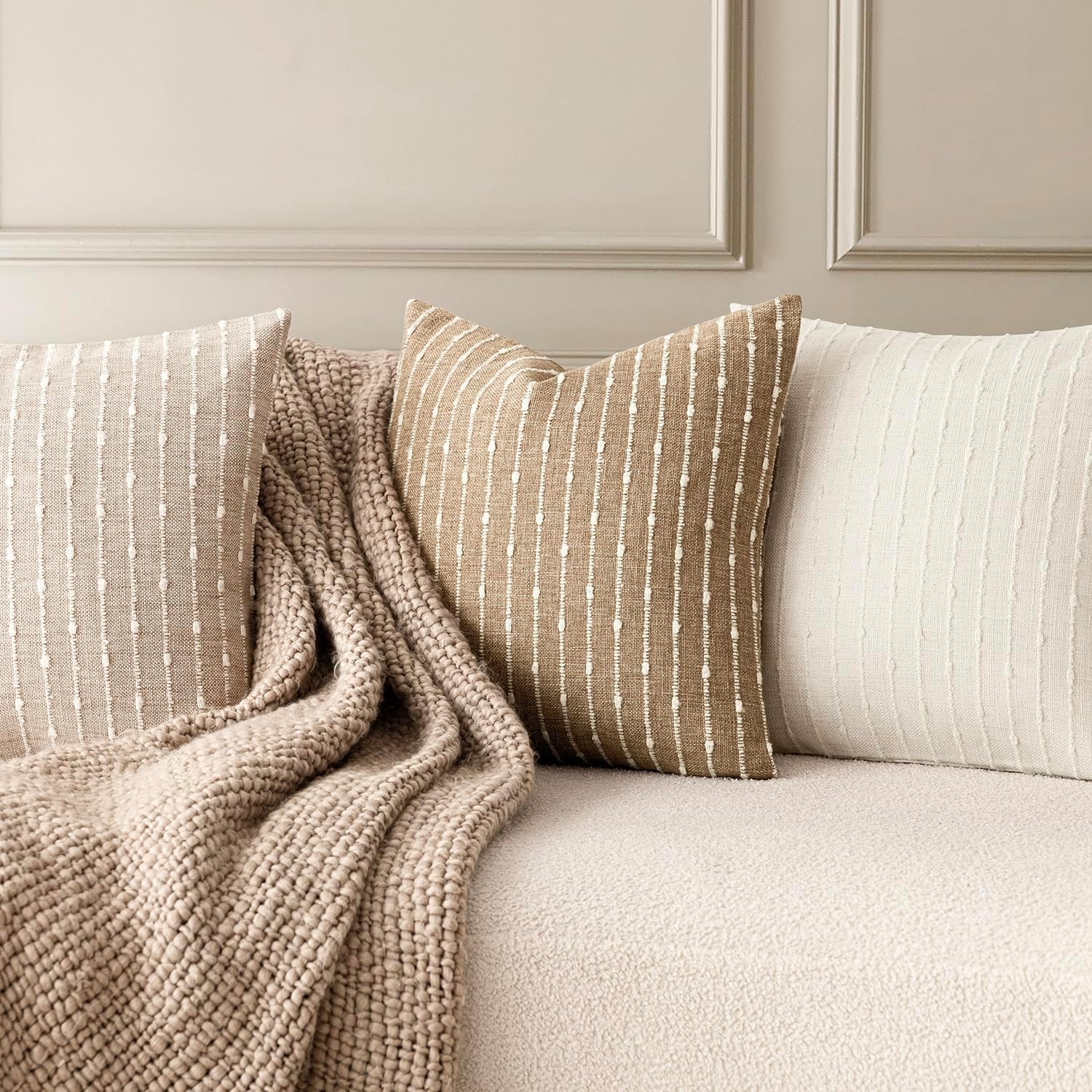 Decorative Jacquard Boucle Throw Pillow Covers Accent Textured Striped / 18 x 18 / Camel / Set of 2