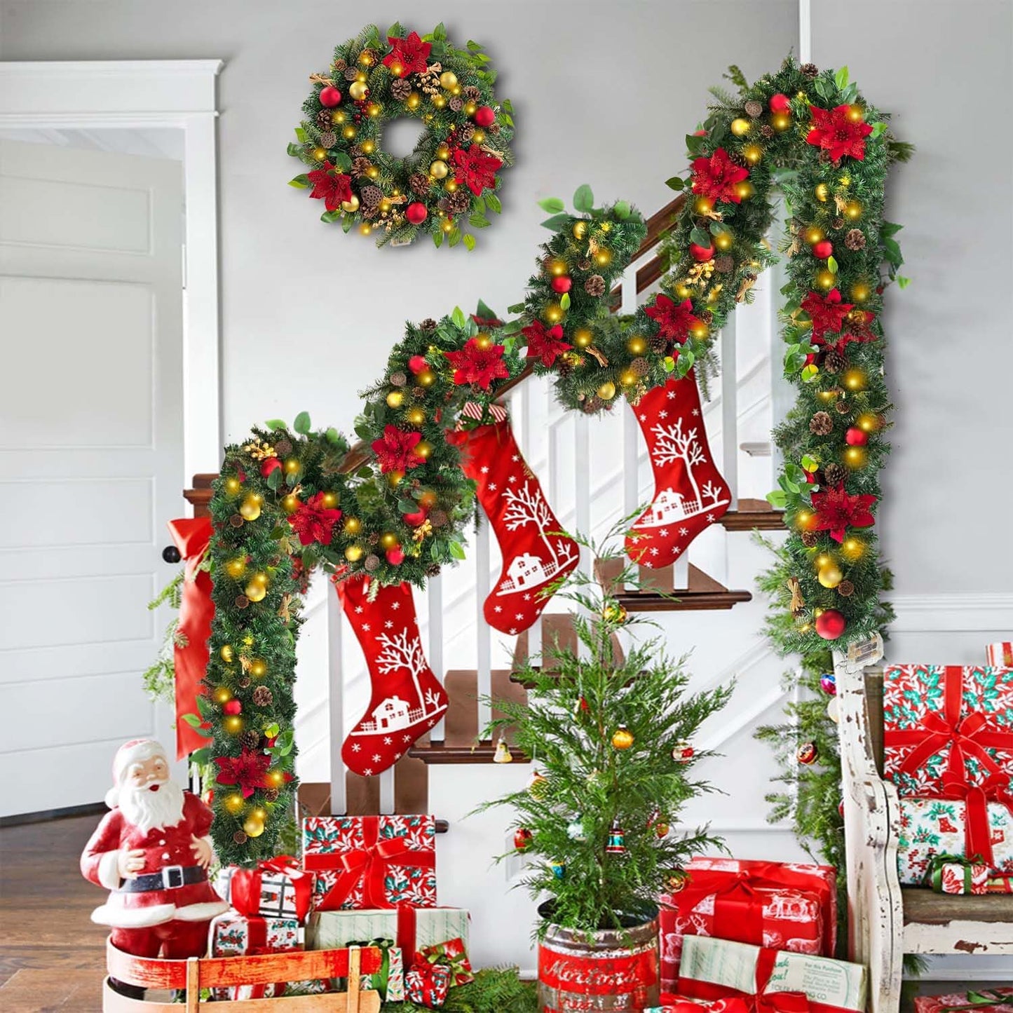 WANNA-CUL Pre-Lit 6ft Red Gold Christmas Garland with 30 LED Timer Lights | Luxury Lighted Garland for Mantel with