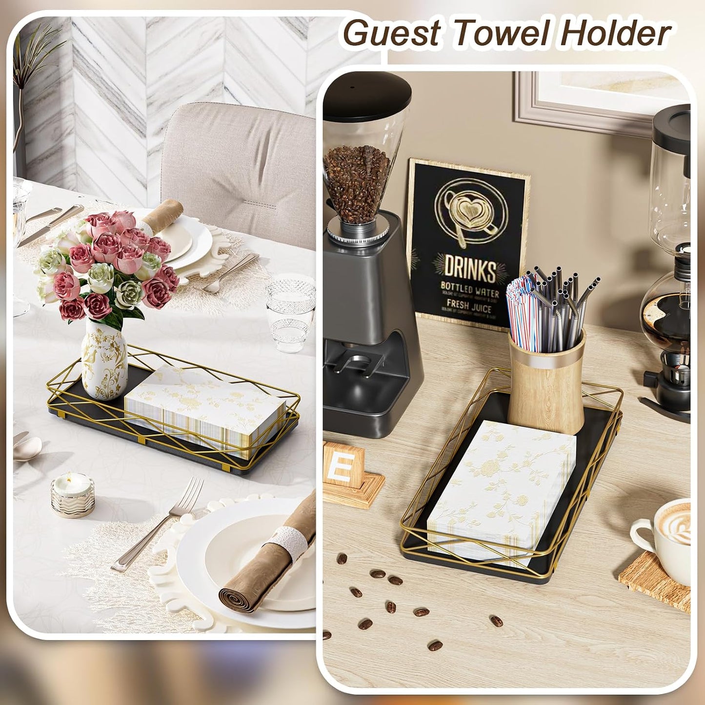 Wood and Metal Toilet Tray Vanity Organizer Bathroom Tray / Black+gold