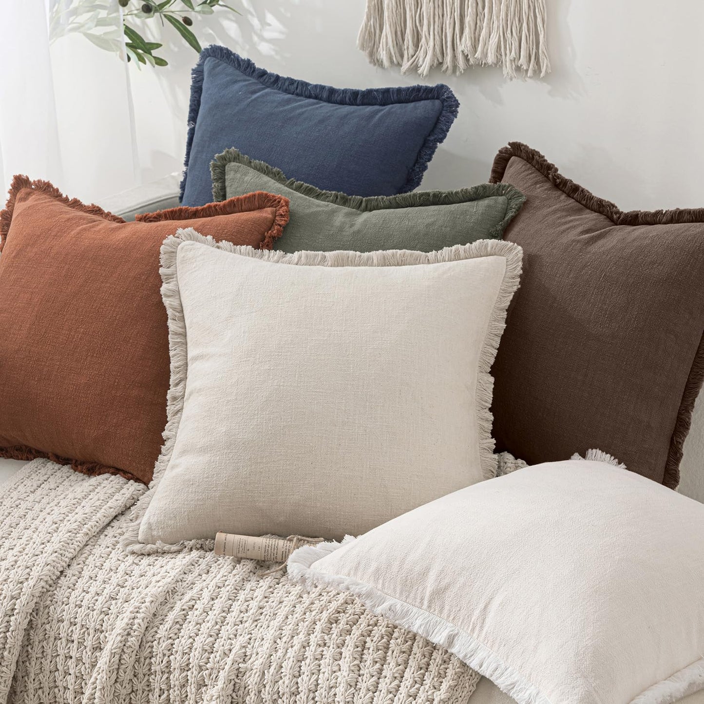Decorative Throw Pillow Covers Neutral Linen Fringe Throw / 20 x 20 / Reddish Brown / Set of 2