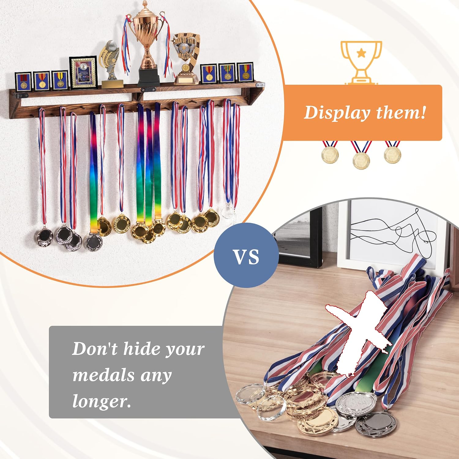 LAVIEVERT Gymnastic Medal Hanger with Storage Shelf, Wooden Wall-Mounted Trophy Shelf, Race Medal Display Rack Holder
