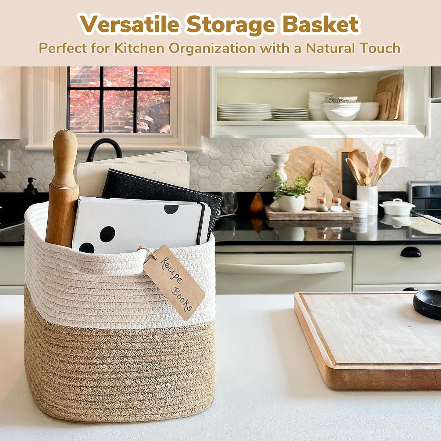 Woven Storage Basket / Jute / 13"L x 10"W x 9"H / White