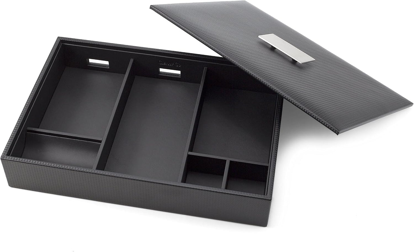 Glenor Co Mens Valet Tray/Dresser Organizer & Lid - 6 Slot Luxury Jewelry Accessories Box, Carbon Fiber Design & Metal