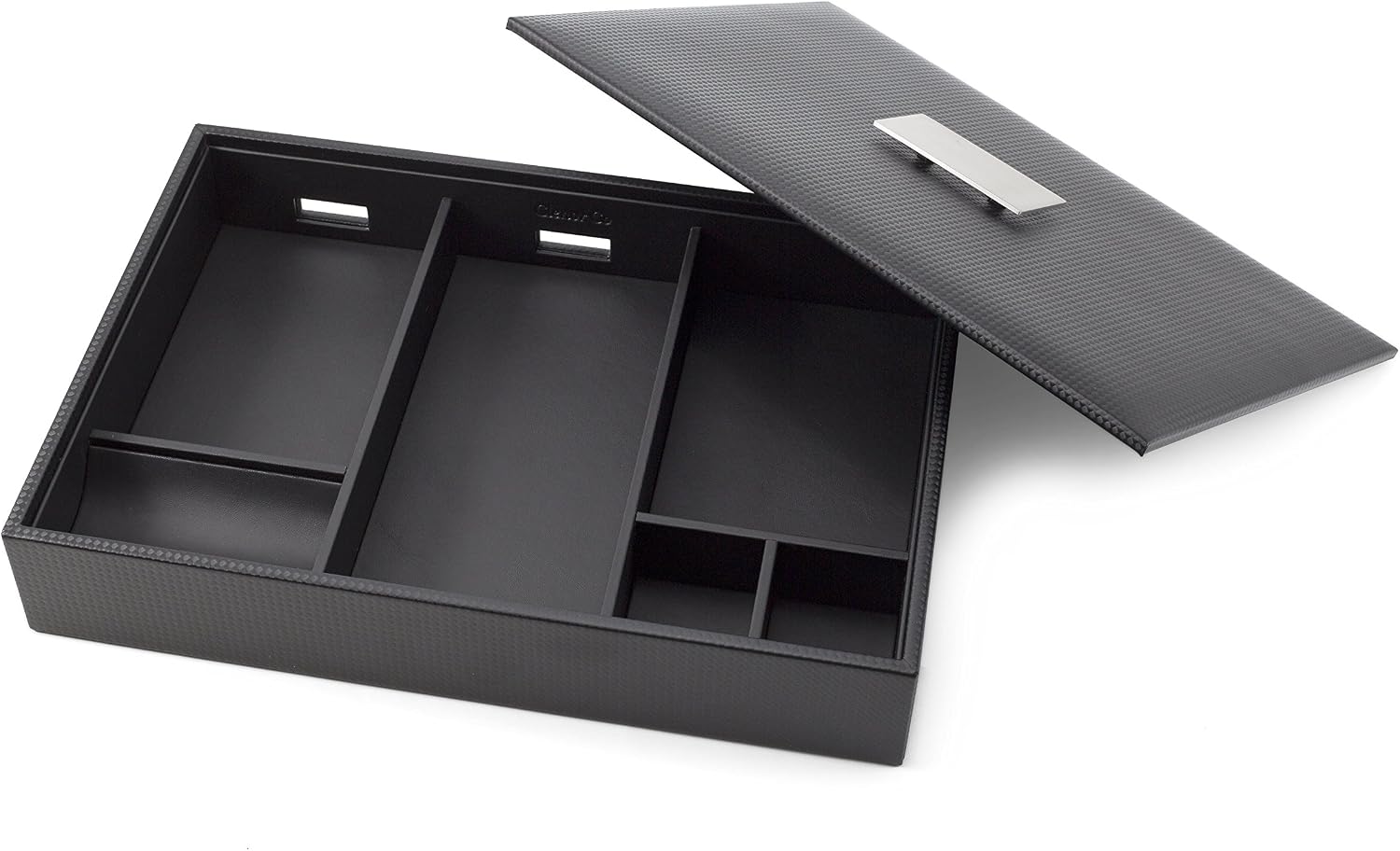 Glenor Co Mens Valet Tray/Dresser Organizer & Lid - 6 Slot Luxury Jewelry Accessories Box, Carbon Fiber Design & Metal