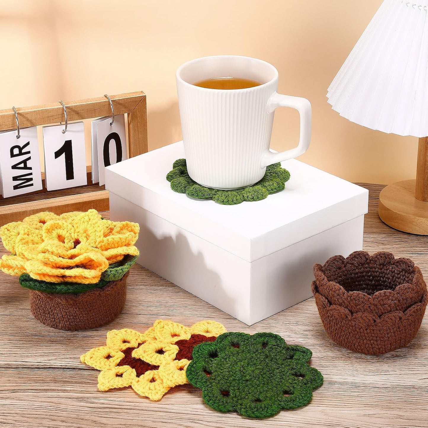 3D Crochet Flower Coasters Set / Yellow / Sunflower / Set of 15
