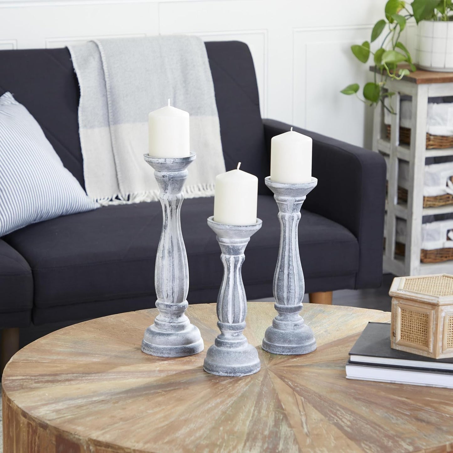 Deco 79 Wooden Decorative Candle Holder Distressed Turned Candle Stand, Set of 3 Candlestick Holder 15", 13", 11"H, Gray