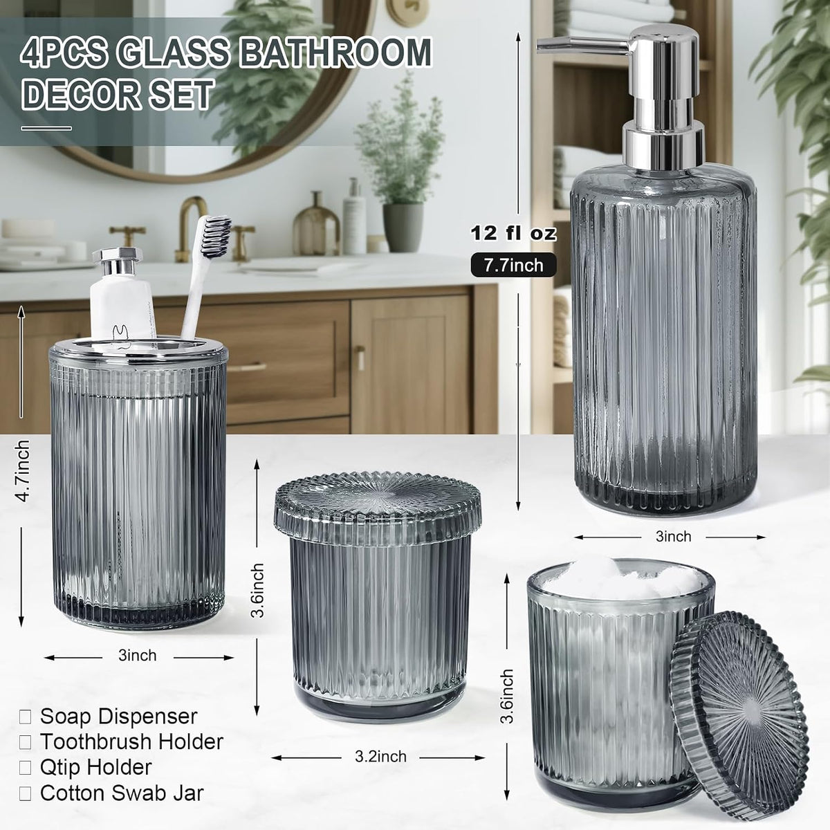 KASUNTING Gray Glass Bathroom Accessories 4 Pcs, Grey Bathroom Set, Soap Dispenser and Toothbrush Holder Set, Qtip