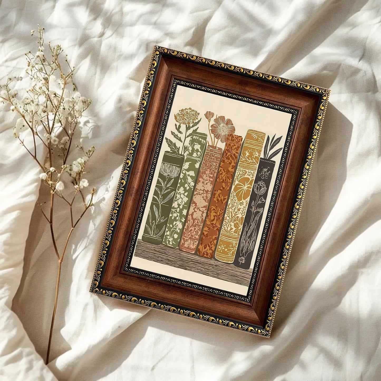 Framed Vintage Books Canvas Wall Art Botanical Book Stack / Book Stack Botanical Framed / 11"L x 9"W
