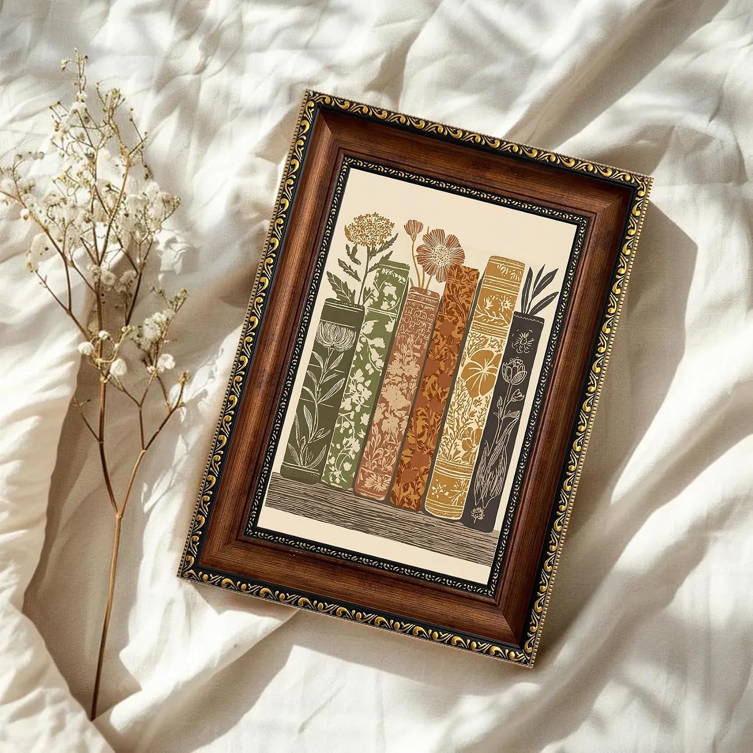 Framed Vintage Books Canvas Wall Art Botanical Book Stack / Book Stack Botanical Framed / 11"L x 9"W