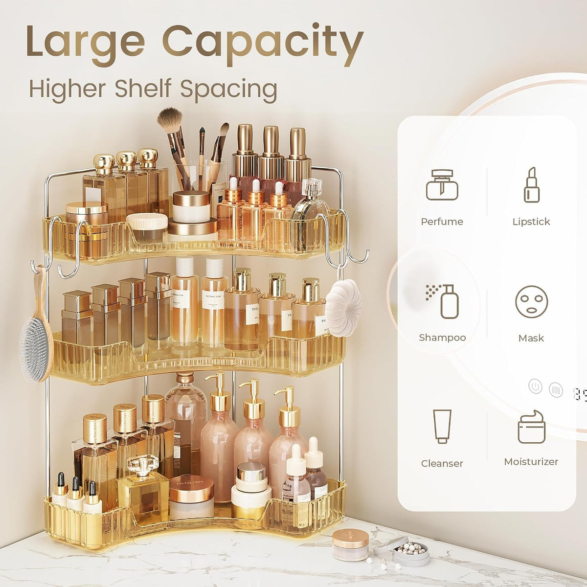 3 Tiers Bathroom Corner Organizer,Bathroom & Kitchen Storage Tray | Storage Countertop with Hooks Skin Care Exquisite