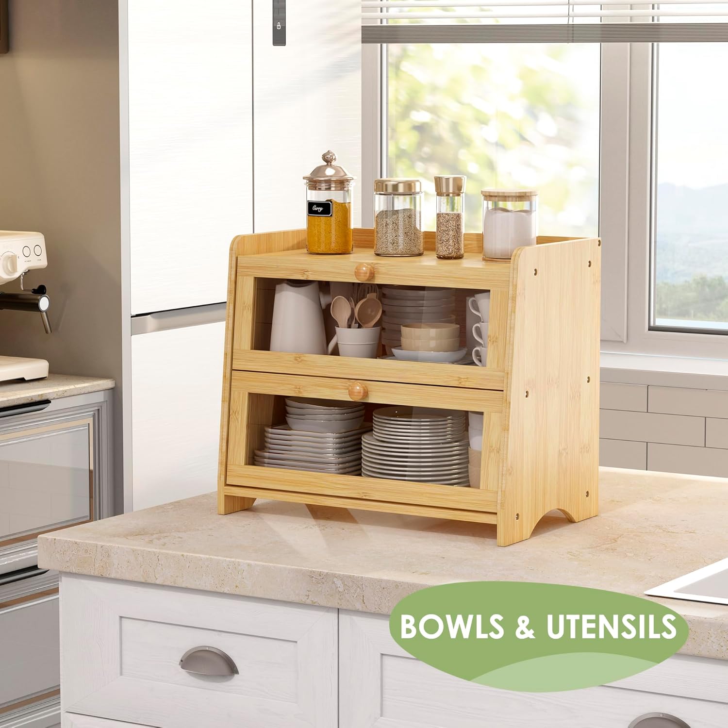Double Layer Bread Box Container for Kitchen Countertop Homemade Bread | Large Breadbox Storage Wooden Farmhouse Bread