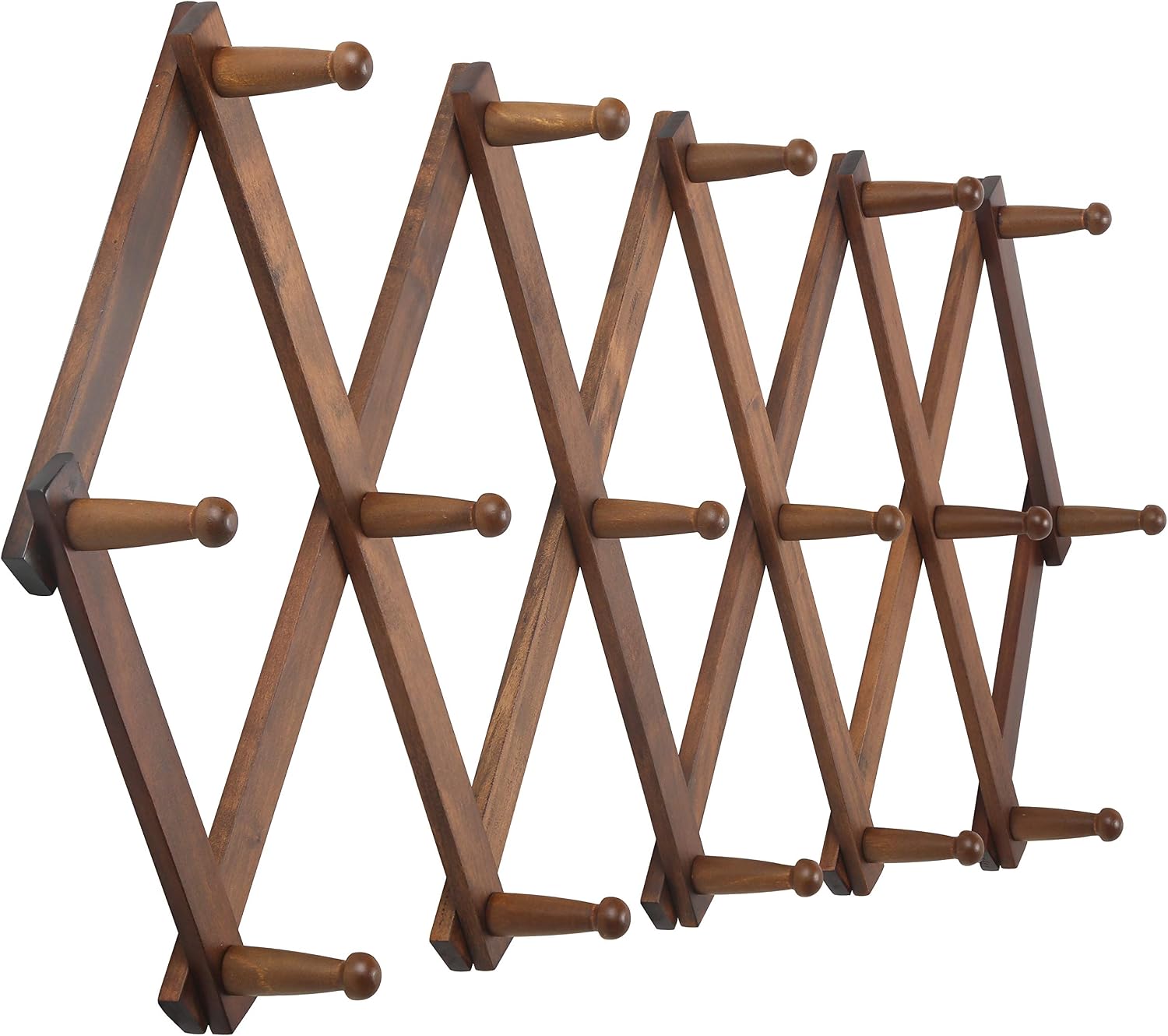 WEBI Accordion Wall Hanger, Wooden Coat Rack Wall Mounted, Hat & Cap Hook Rack, 16 Peg Hooks, Walnut Color