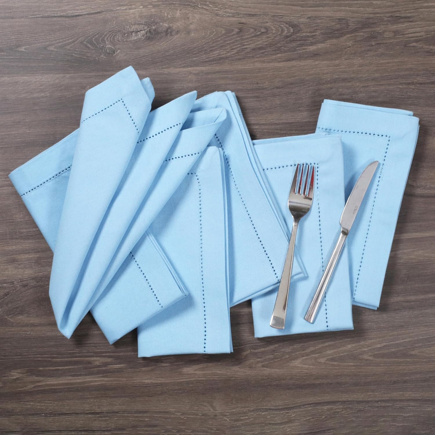 Bedding Craft Cloth Dinner Napkins Set of 12 – 18x18 Airy Blue Linen-Look Hemstitched – Soft Machine Washable Reusable