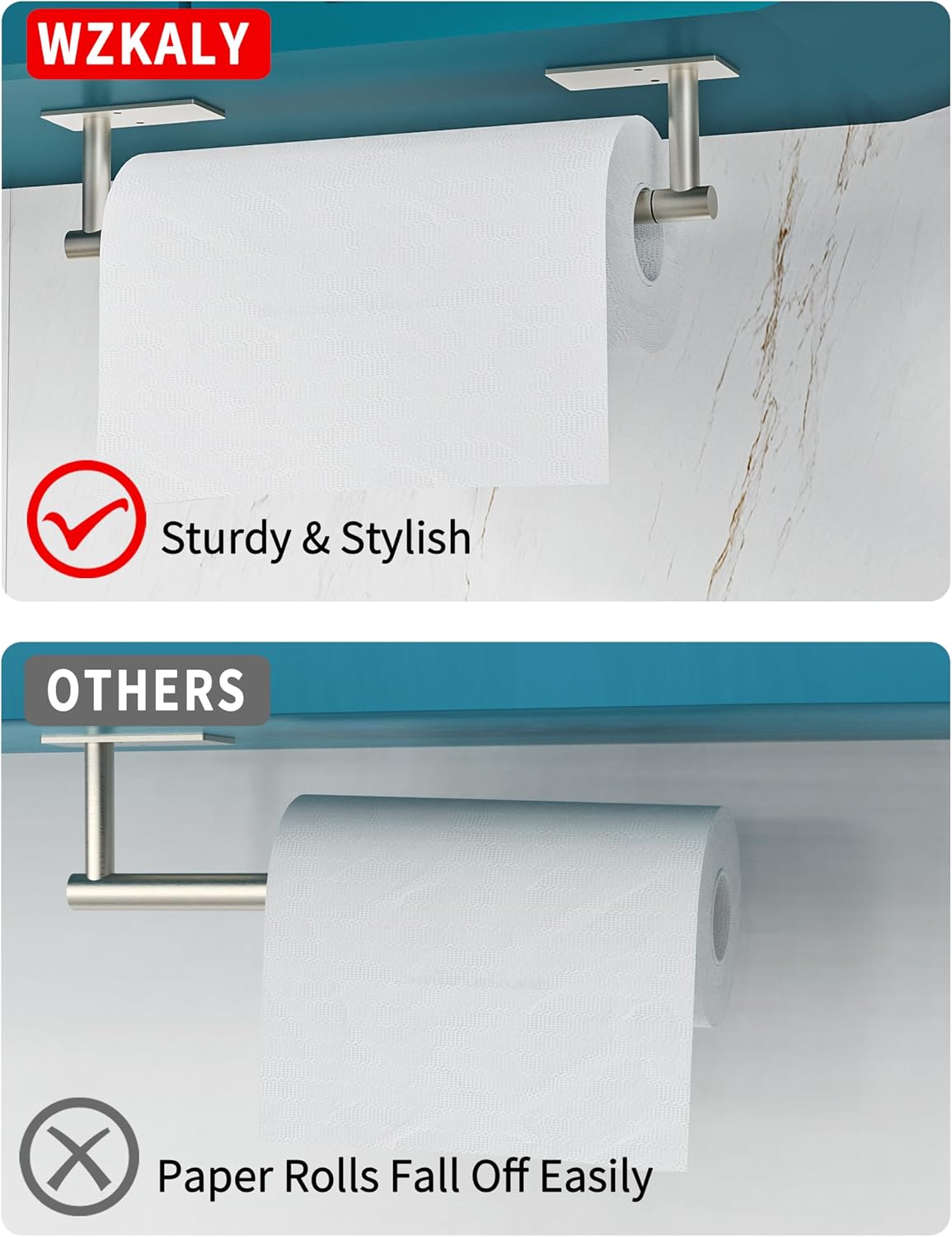 Paper Towel Holder Under Cabinet with 2Hooks Self Adhesive Silver | Brushed Nickel 304 Stainless Steel Post Pivoting