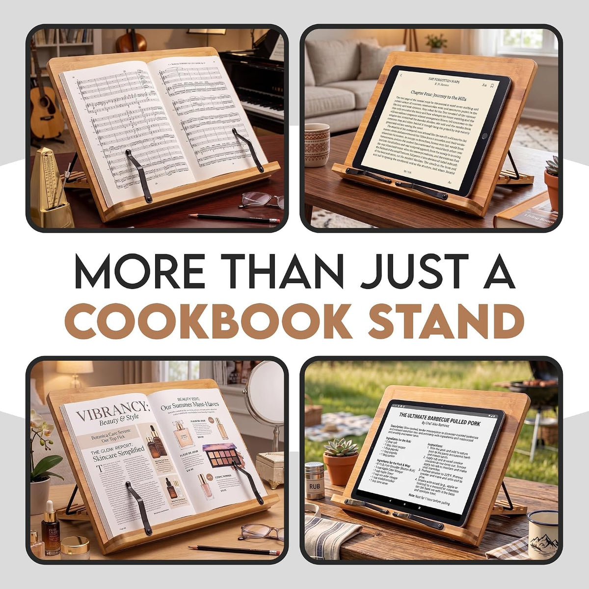 Bamboo Cookbook Stand Medium, Adjustable Book Holder Tray and Page Paper Clips -4-Position Recipe Book Stand Holds