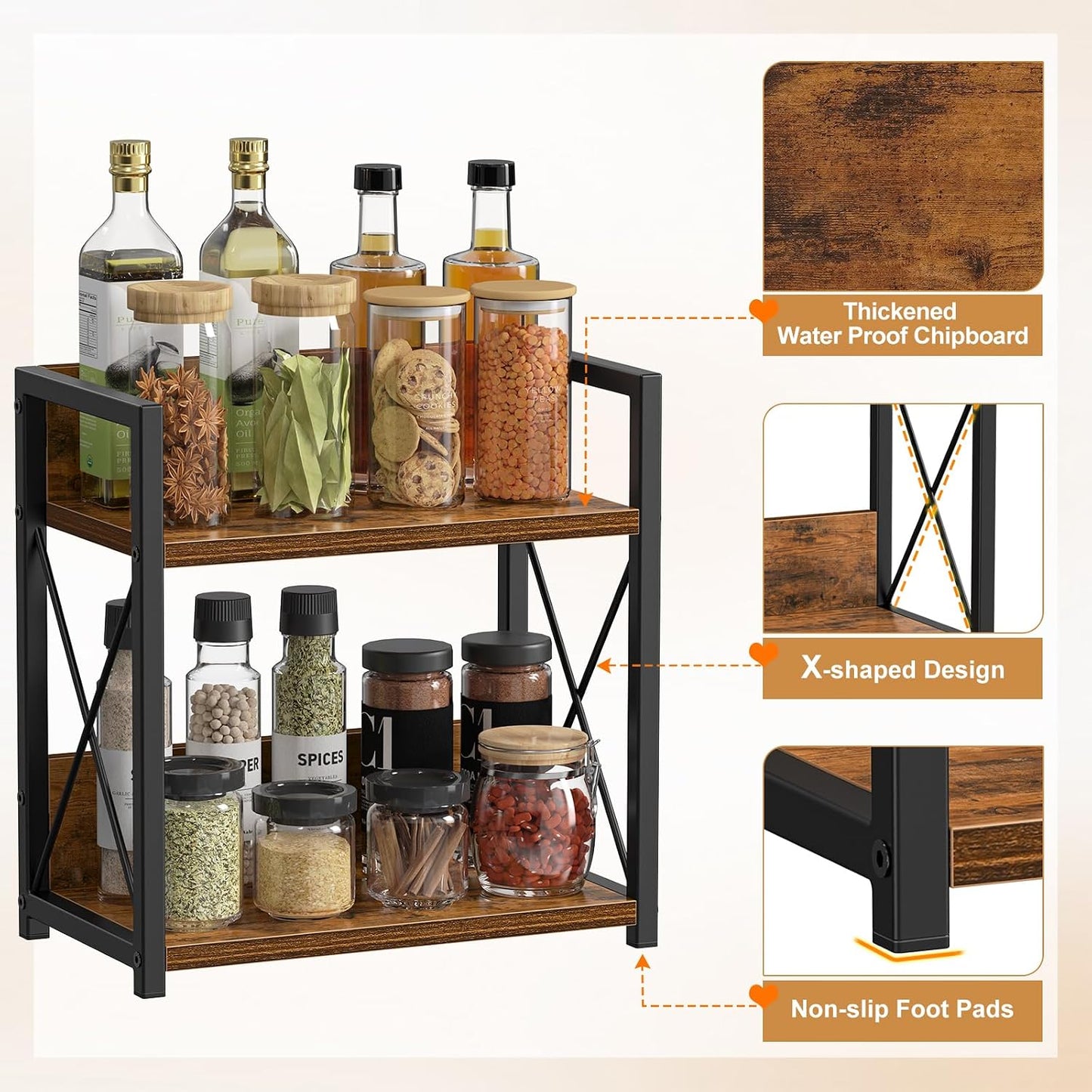 Giikin Kitchen Countertop Organizer, 2 Tier Spice Rack Organizer for Pantry, Kitchen Counter Shelf Wood Coffee Station