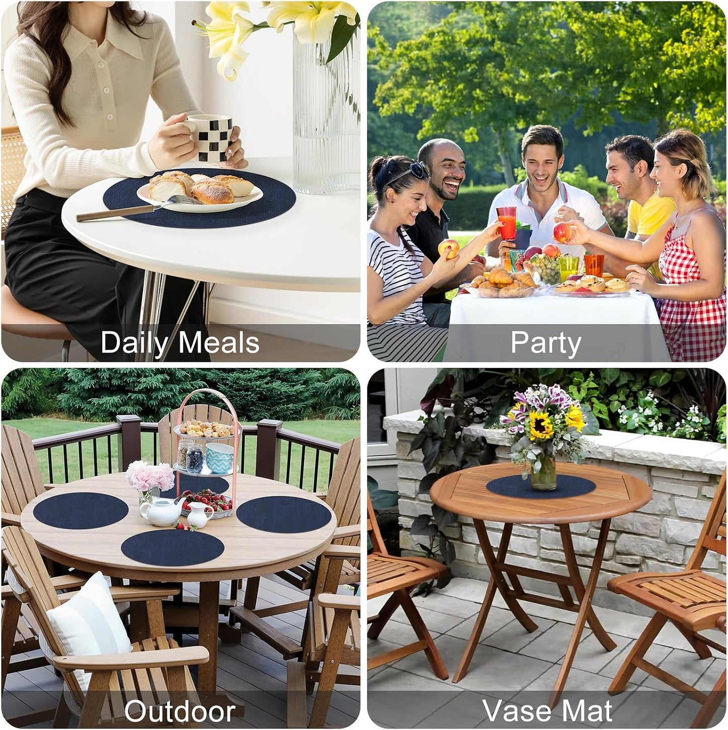 Homaxy Round Faux Leather Placemats and Coasters, Set of 6, Navy Blue | Washable Dual-side Table Mats, Wipeable Place