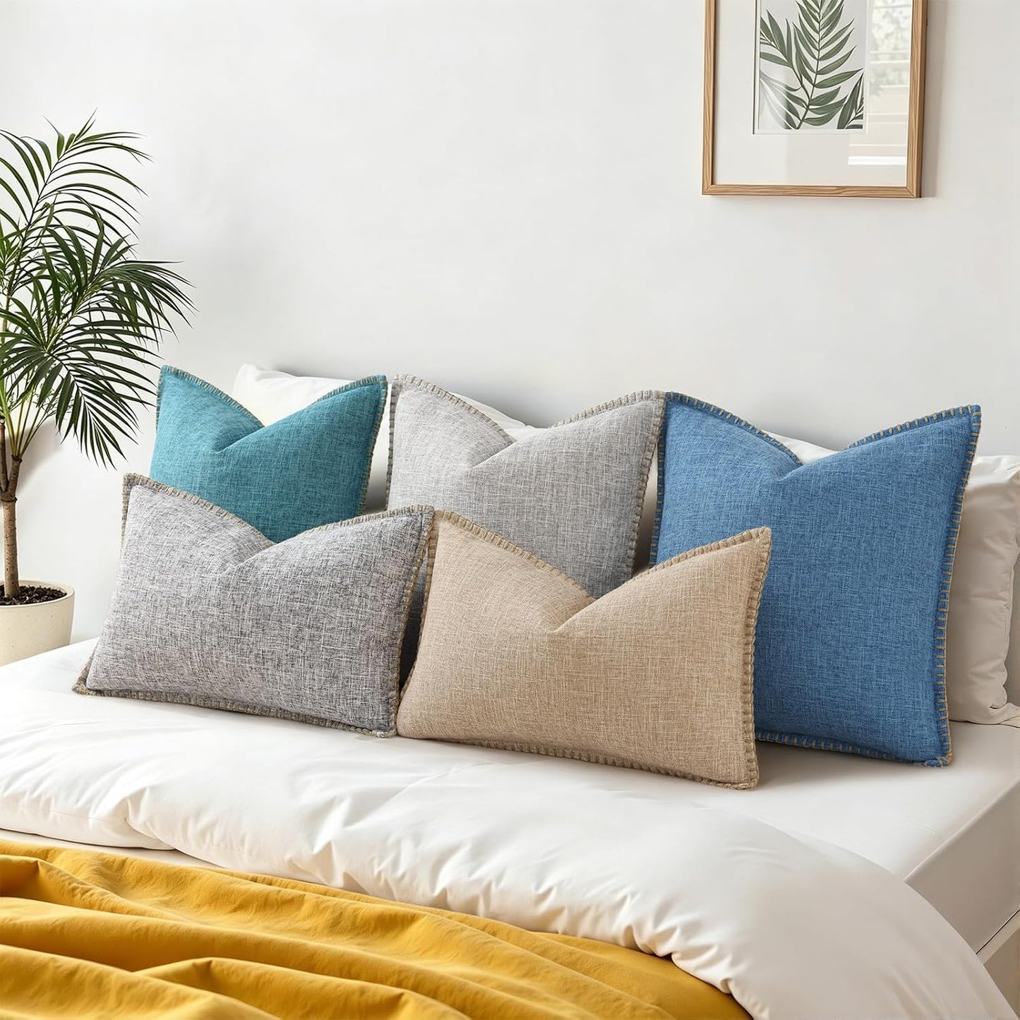 Fall Decorative Throw Pillow Covers Square Faux Linen Farmhouse Pillow / Blue / 18 x 18 / Set of 2