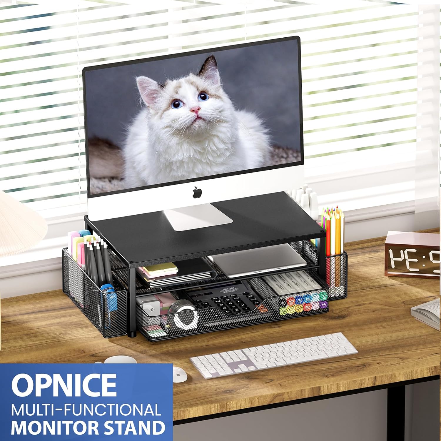 Desk Organizer and Accessories, 2-Tier Computer Monitor Stand Riser with Drawer and 2 Pen Holders, Laptop Stand, Office