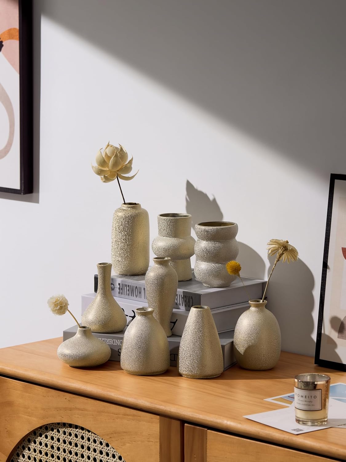 Ceramic Bud Vases for Pampas Grass Flowers / Gold / Set of 9