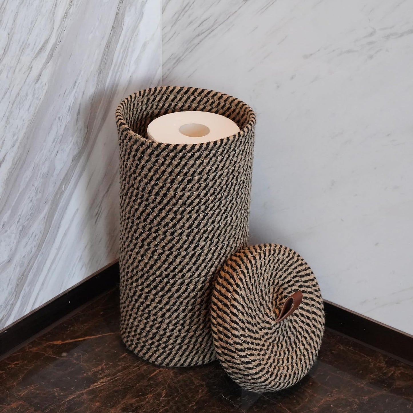Handmade Cotton & Jute Toilet Paper Holder – Woven Toilet Paper Stand & Storage Basket with Lid, Freestanding Organizer