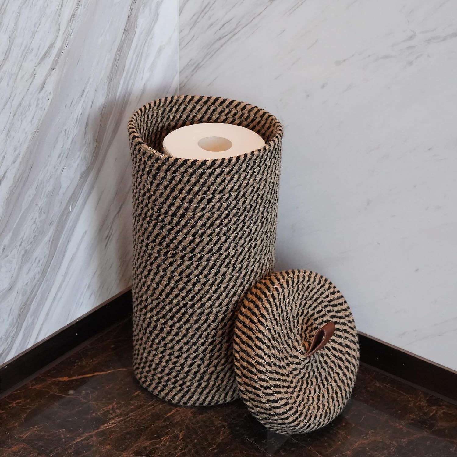 Handmade Cotton & Jute Toilet Paper Holder – Woven Toilet Paper Stand & Storage Basket with Lid, Freestanding Organizer