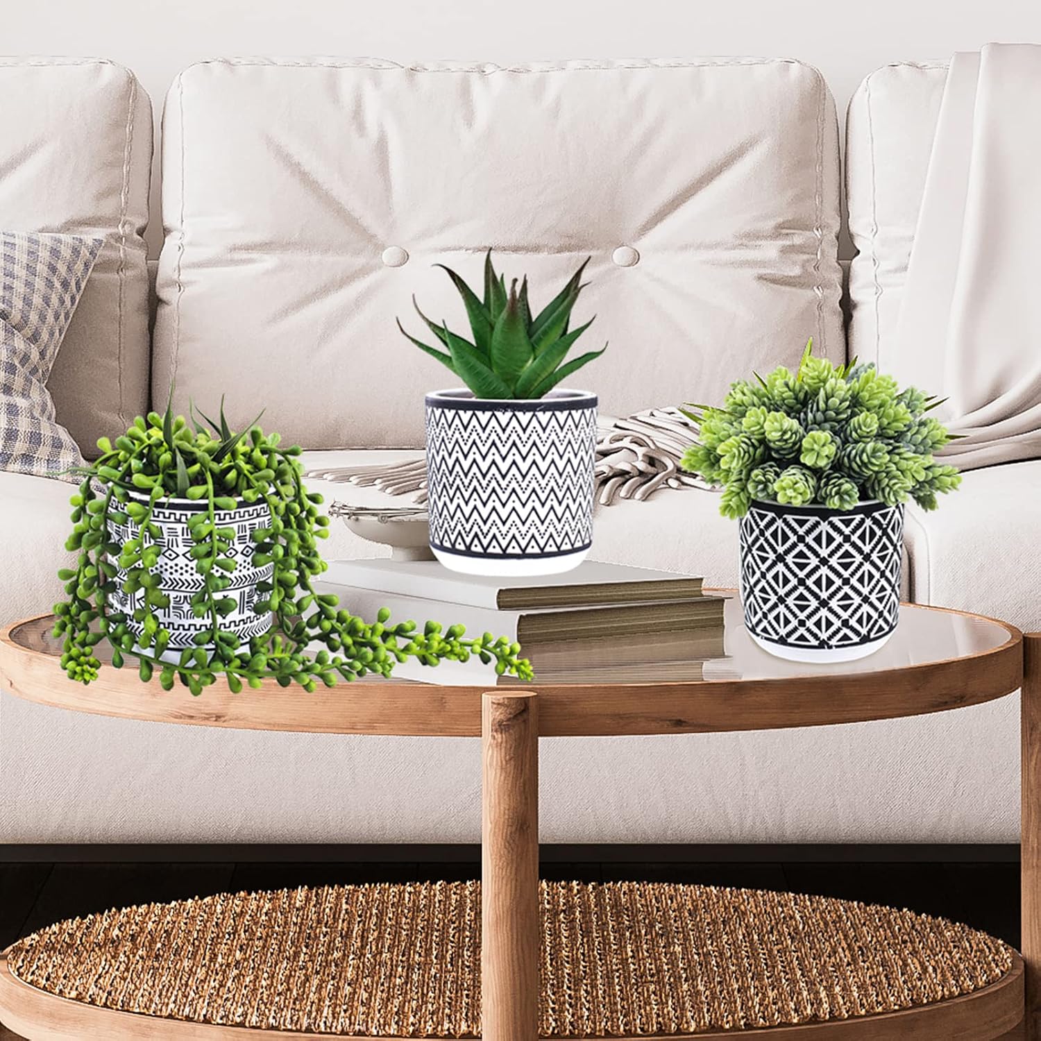 Small Potted Succulents Plants Artificial String of Pearls Aloe Hops Succulents / Black / Set of 3