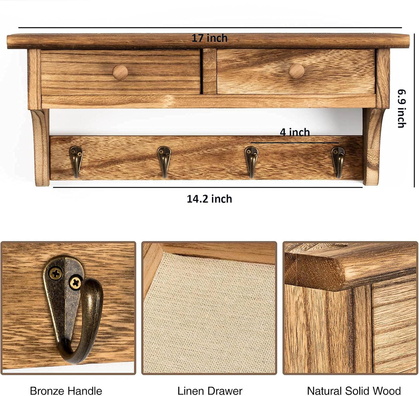 Emfogo Coat Hooks Mounted, Rustic Wood Coat Rack Mount Shelf with Hooks, Farmhouse Coat Rack with Shelf & Coat Hook for