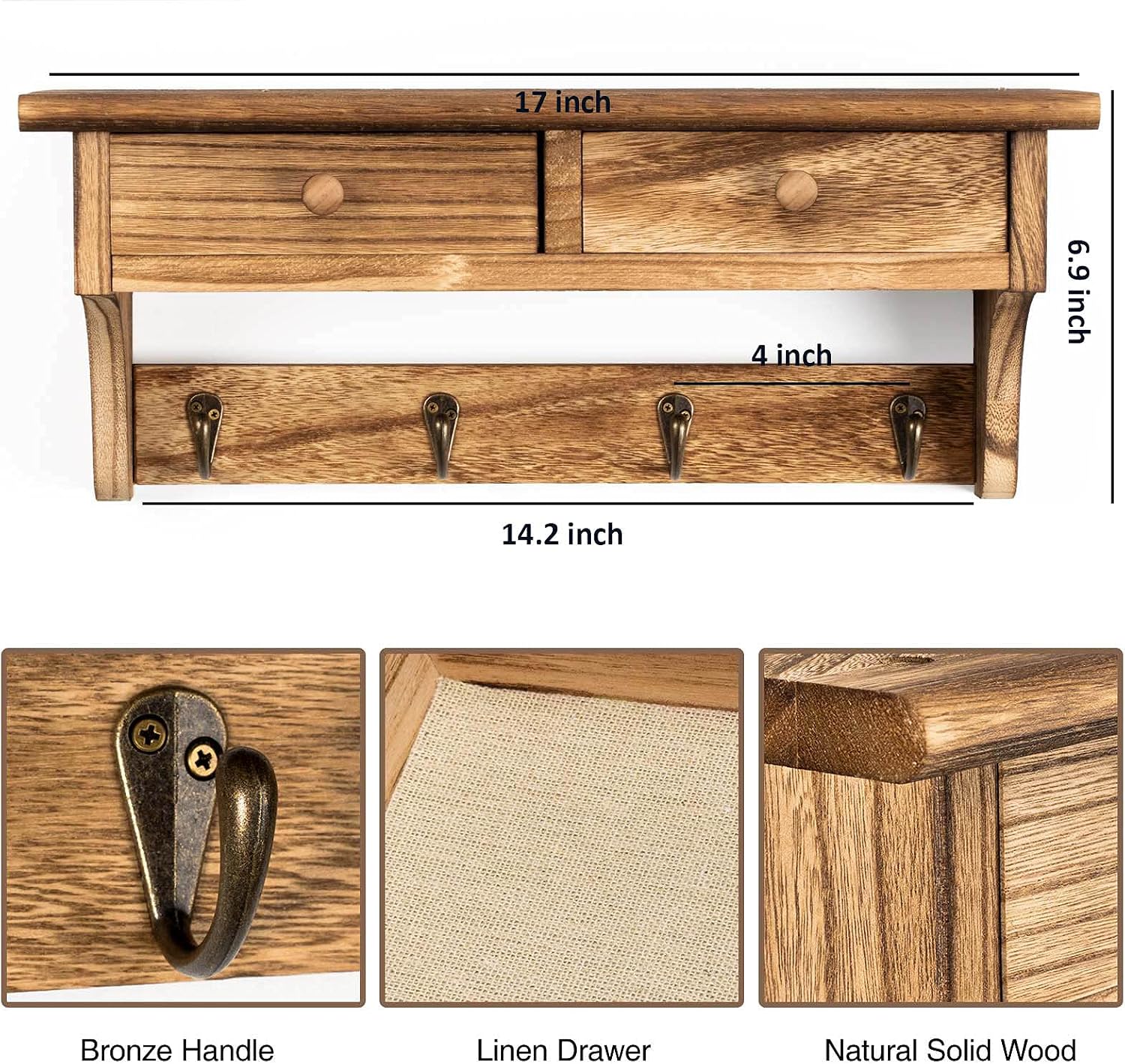 Emfogo Coat Hooks Mounted, Rustic Wood Coat Rack Mount Shelf with Hooks, Farmhouse Coat Rack with Shelf & Coat Hook for