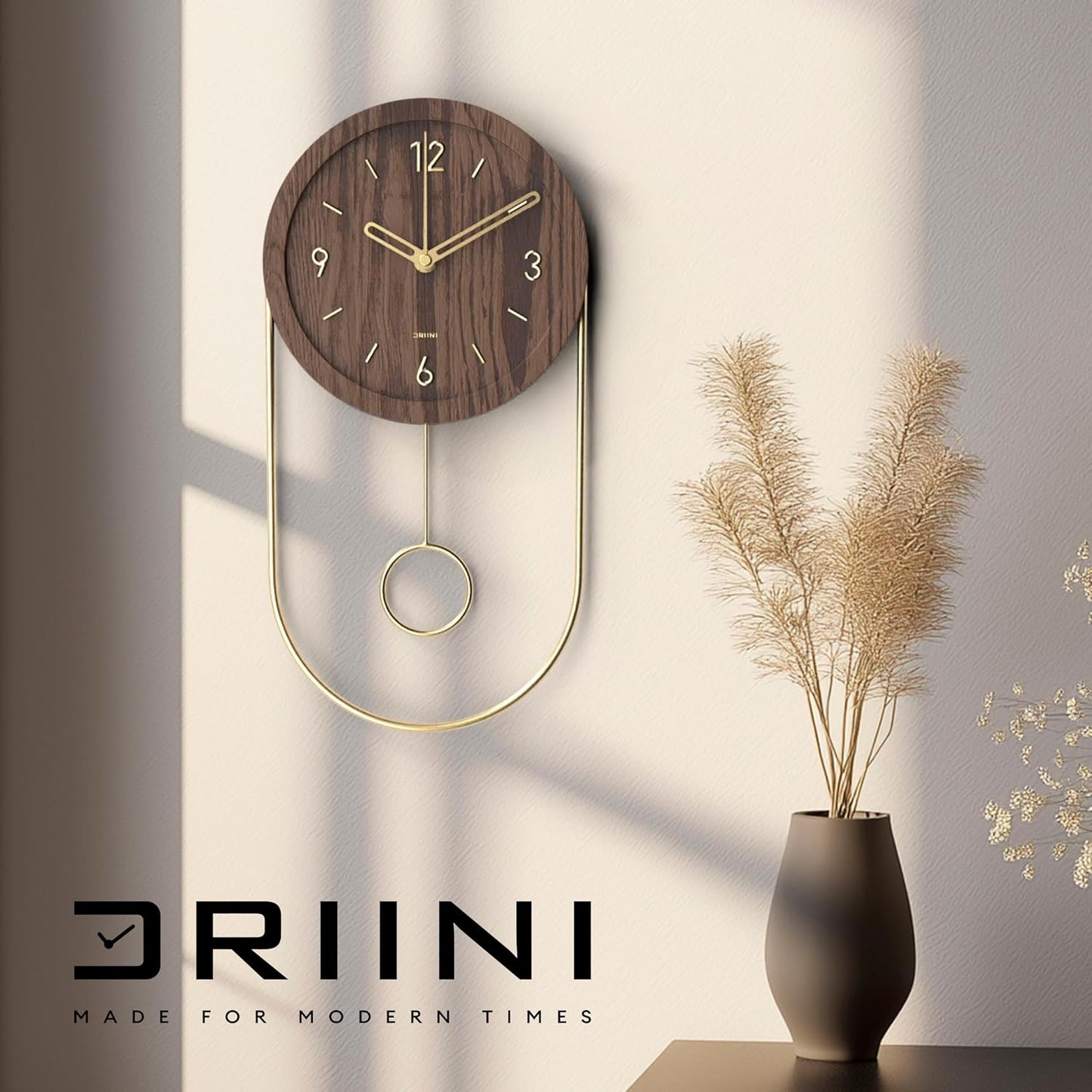 Driini Decorative Wall Clock with Pendulum (Walnut) – Modern Wood, 3D Gold Numbers, Metal Frame – Small, Unique Wall