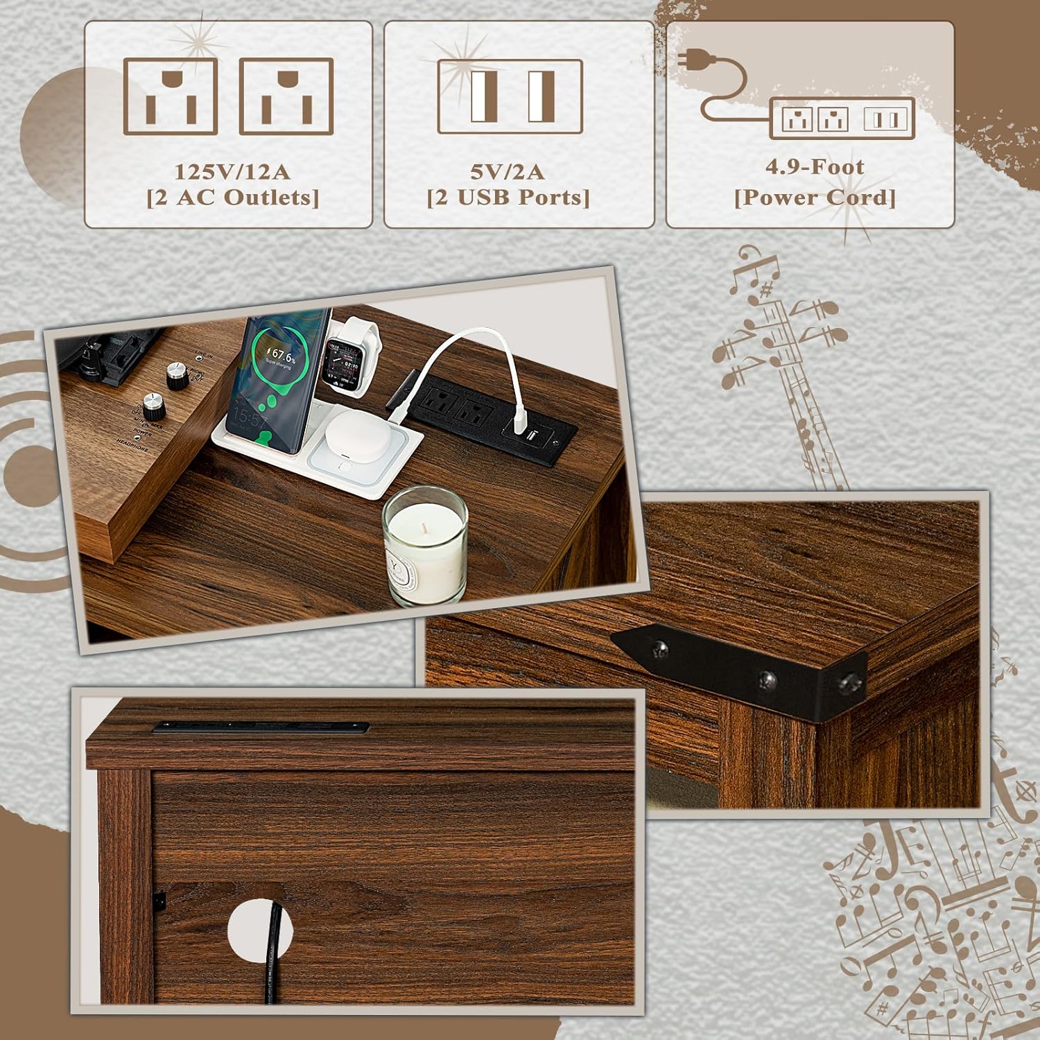 Joaxswe Large Record Player Stand with Charging Station & LED Lights, Vinyl Records Storage Holder Cabinet Holds up to
