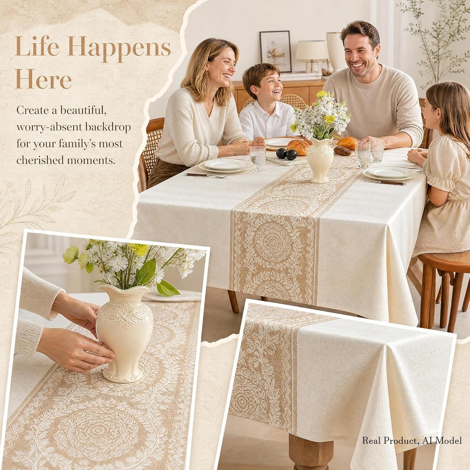 Nordic Beige Linen Tablecloth, Heavy-Duty Rectangle Cover | Spill-Resistant & Wrinkle Free Elegant Drape Table