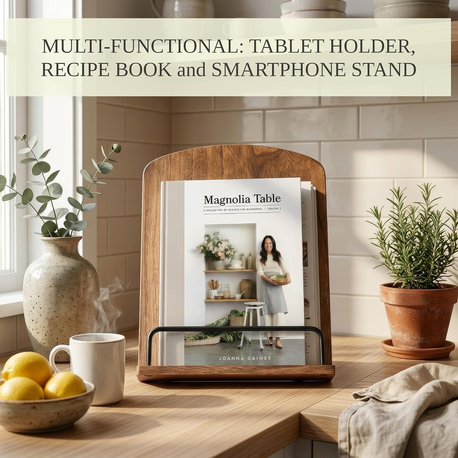 Beautiful Cookbook Stand for Your Kitchen Counter - Solid Wood, Fits iPad | Easily Keeps Cook or Recipe Books Open for