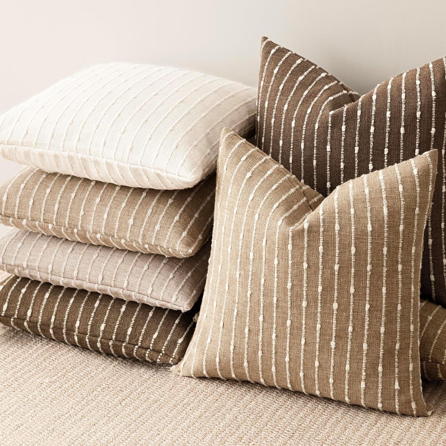 Decorative Jacquard Boucle Throw Pillow Covers Accent Textured Striped / 18 x 18 / Brown / Set of 2