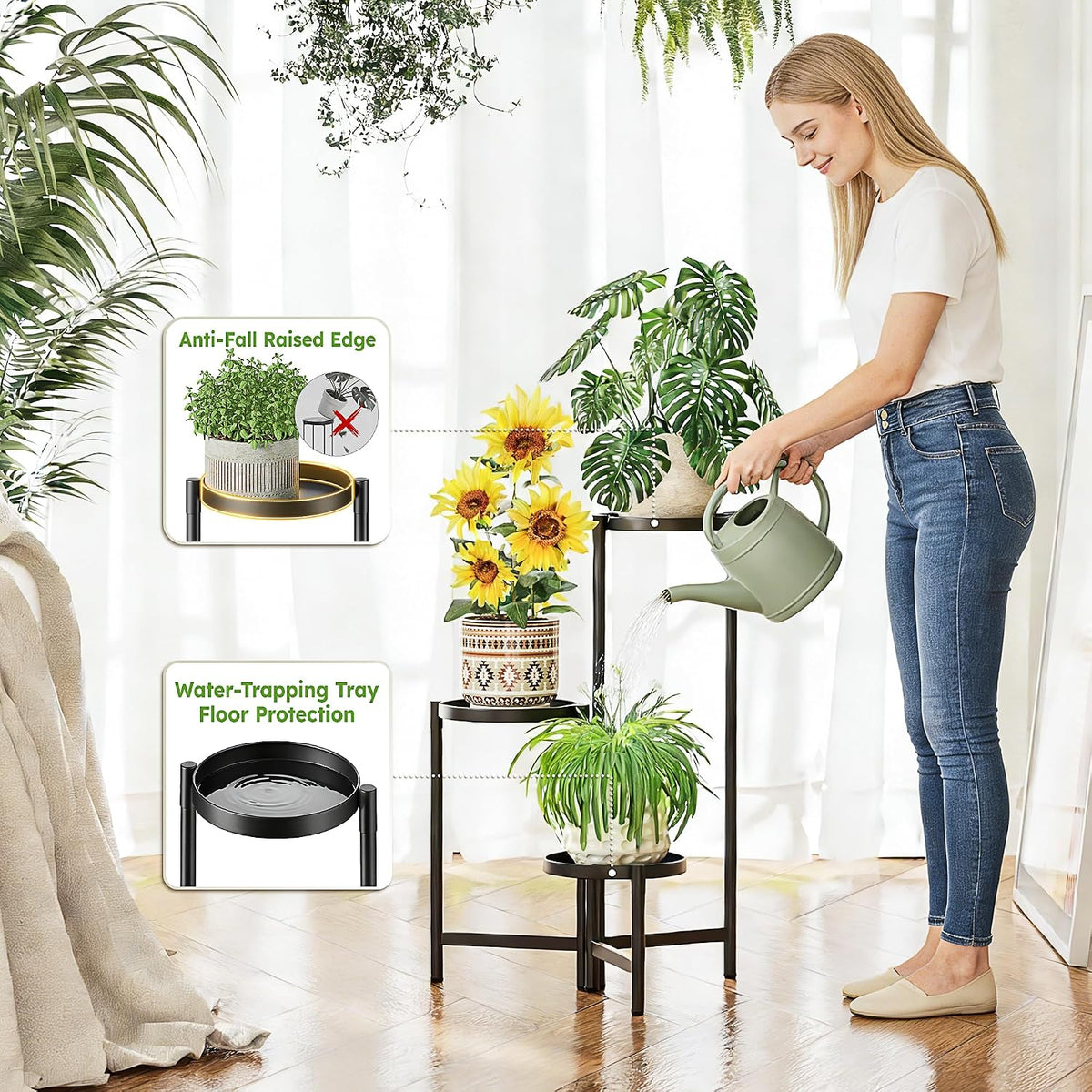 3 Tiered Plant Stand Indoor for Multiple Large Planter, Tall Heavy Duty Adjustable Folding Rack with Rustproof 7.9 Inch