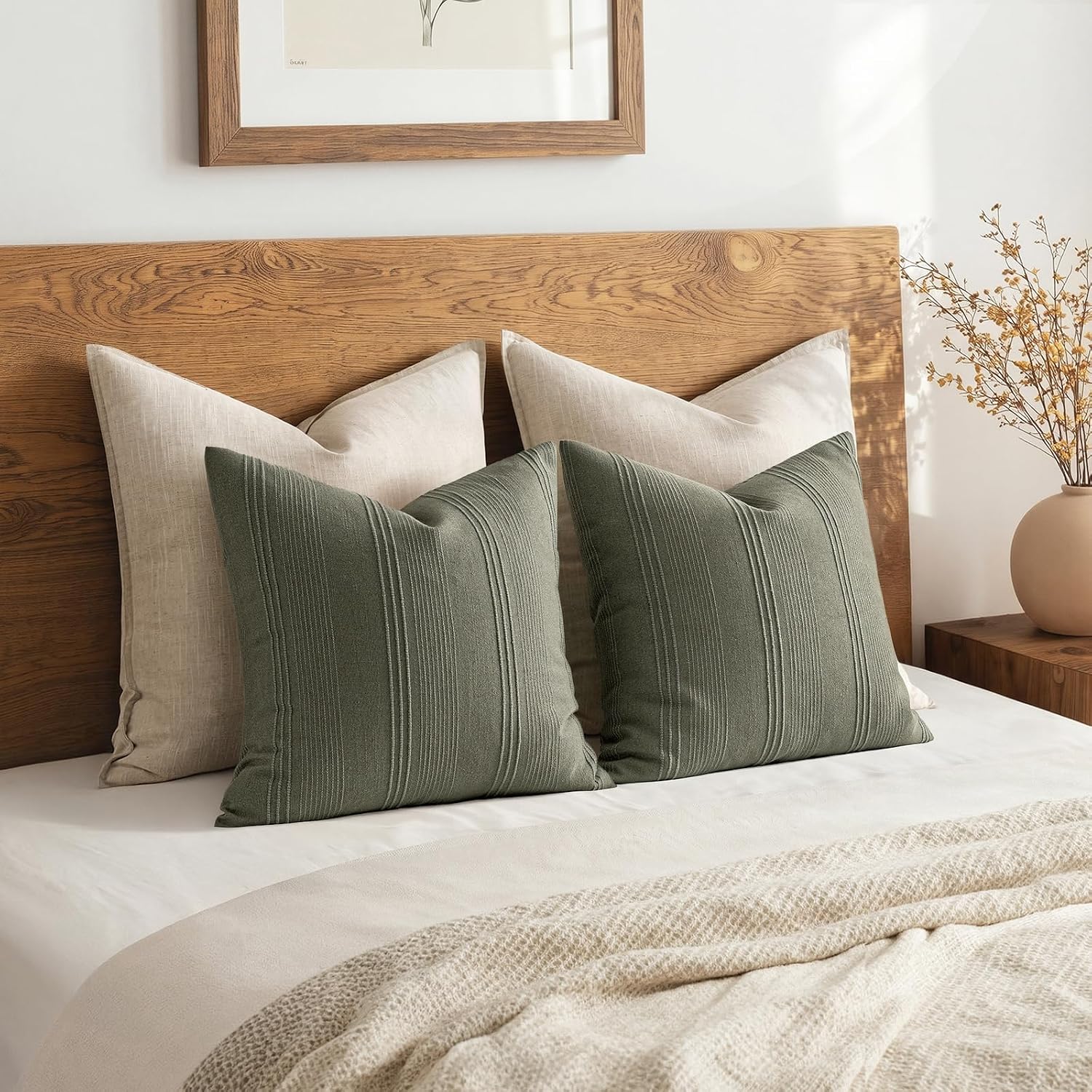 Striped Throw Pillow Covers Decorative Textured Pillow Covers Linen / 18 x 18 / Olive / Set of 2