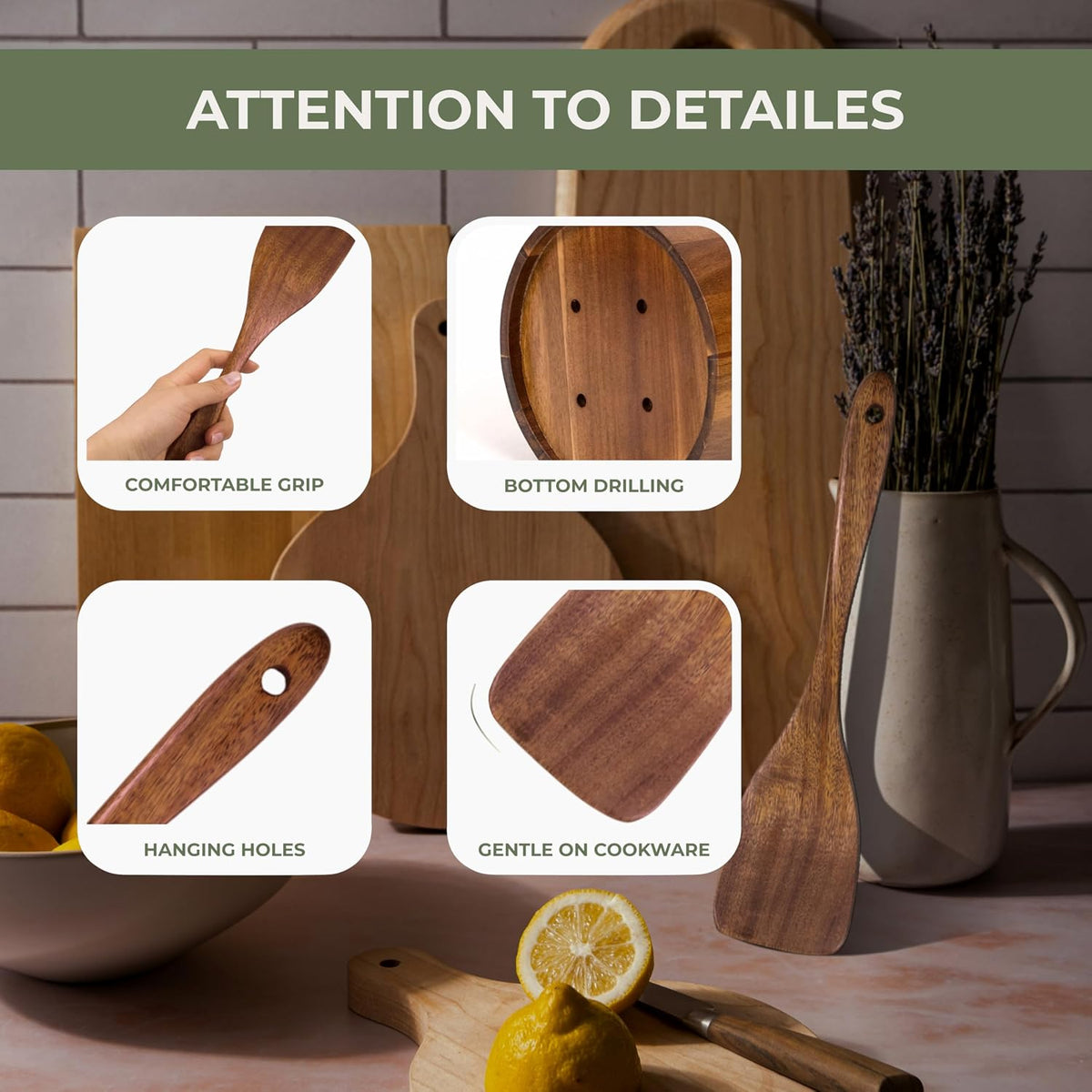 Vasilek Wooden Utensil Set XXl – 13 Piece Acacia Wood Cooking Tools with Round Holder for Nonstick Cookware with Holder
