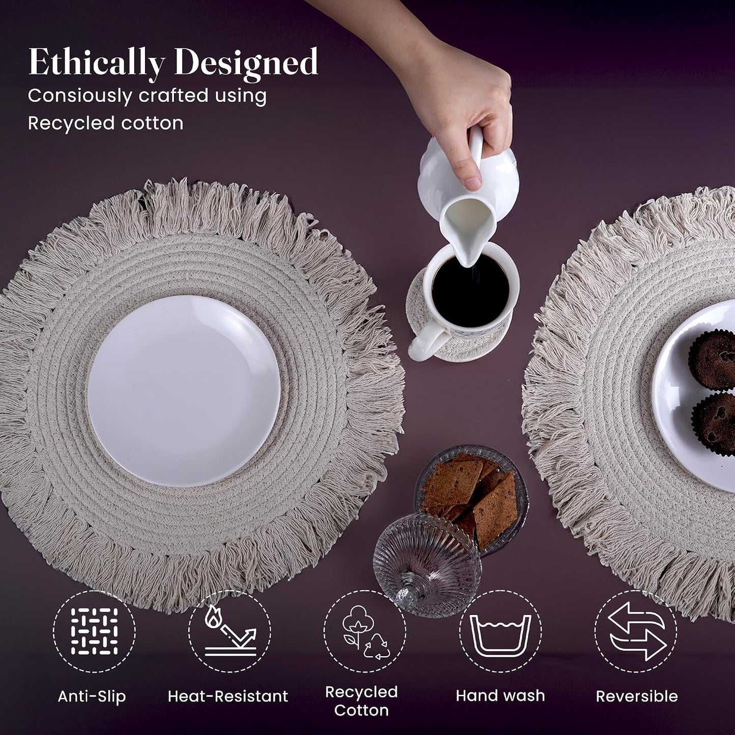 Fine Living 15 Inch Round Placemats Set of 6 with 6-Free Coasters,Ivory | Washable Heat Resistant Non-Slip Braided