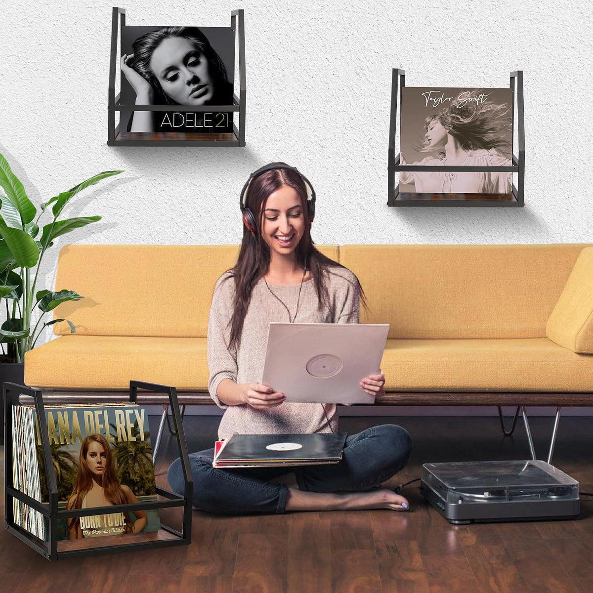 Y&M 2 In 1 Vinyl Record Storage Crate, 1PC Wood LP Holder, Wall Mount or Desktop Metal Album Organizer, Holds 80+