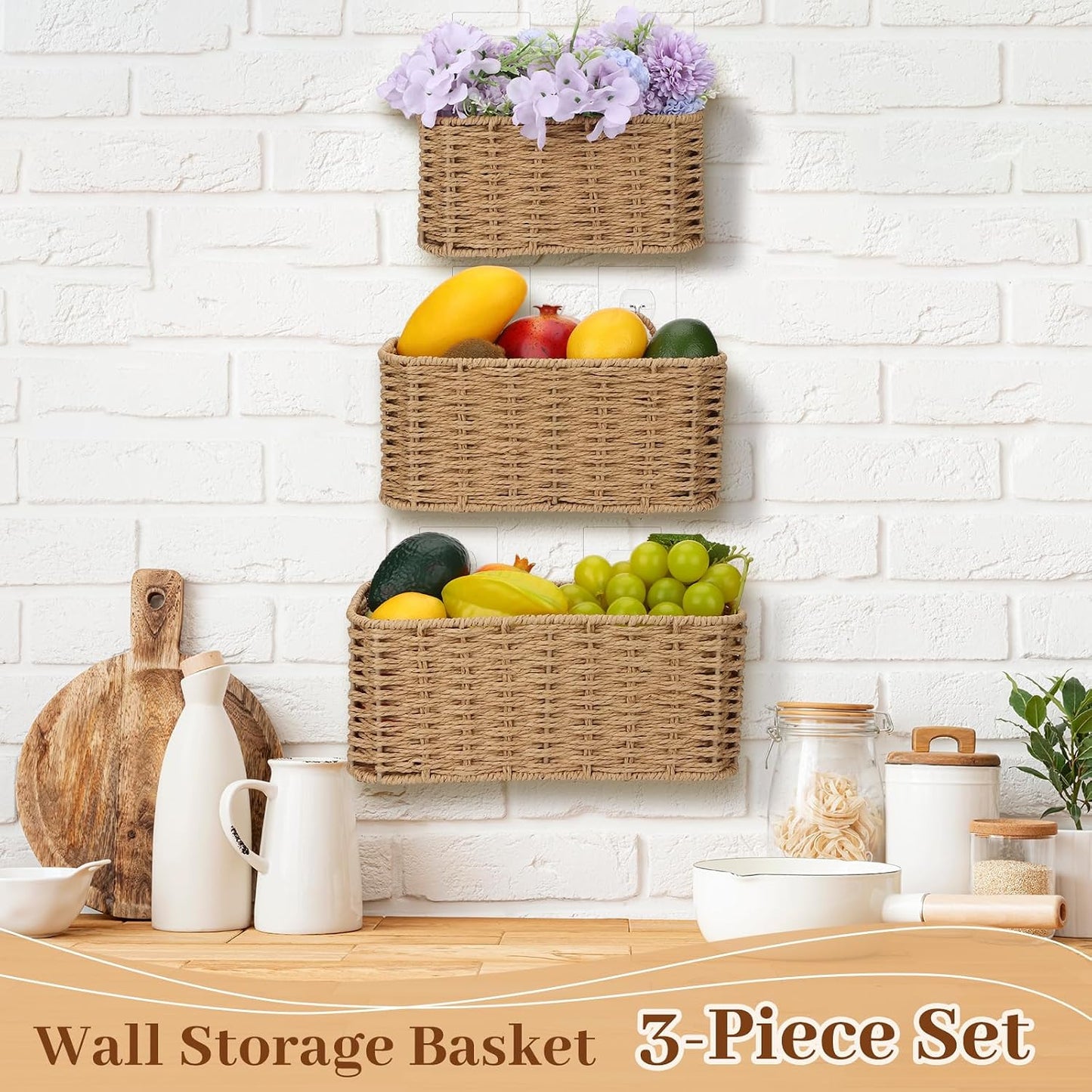3 Piece Boho Wall Hanging Baskets for Organizing Paper Rope Woven / Natural Color / Rectangular