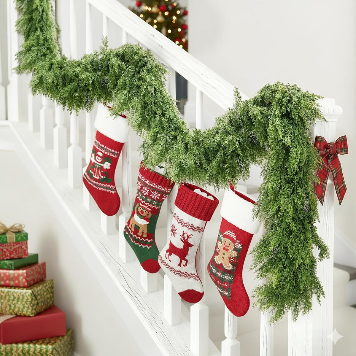 Cedar Christmas Garland for Mantle - 2 Pack Decorations with Lights 6 ft Realistic Lighted Faux Pine Garlands for Xmas