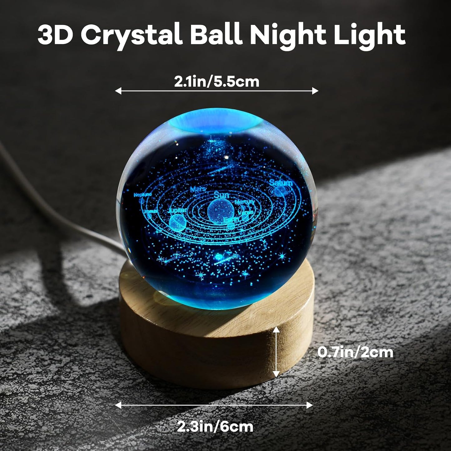 3D Crystal Ball Night Light Galaxy Planets Glass Table Lamp Decor / Solar System / 2.4 Inch
