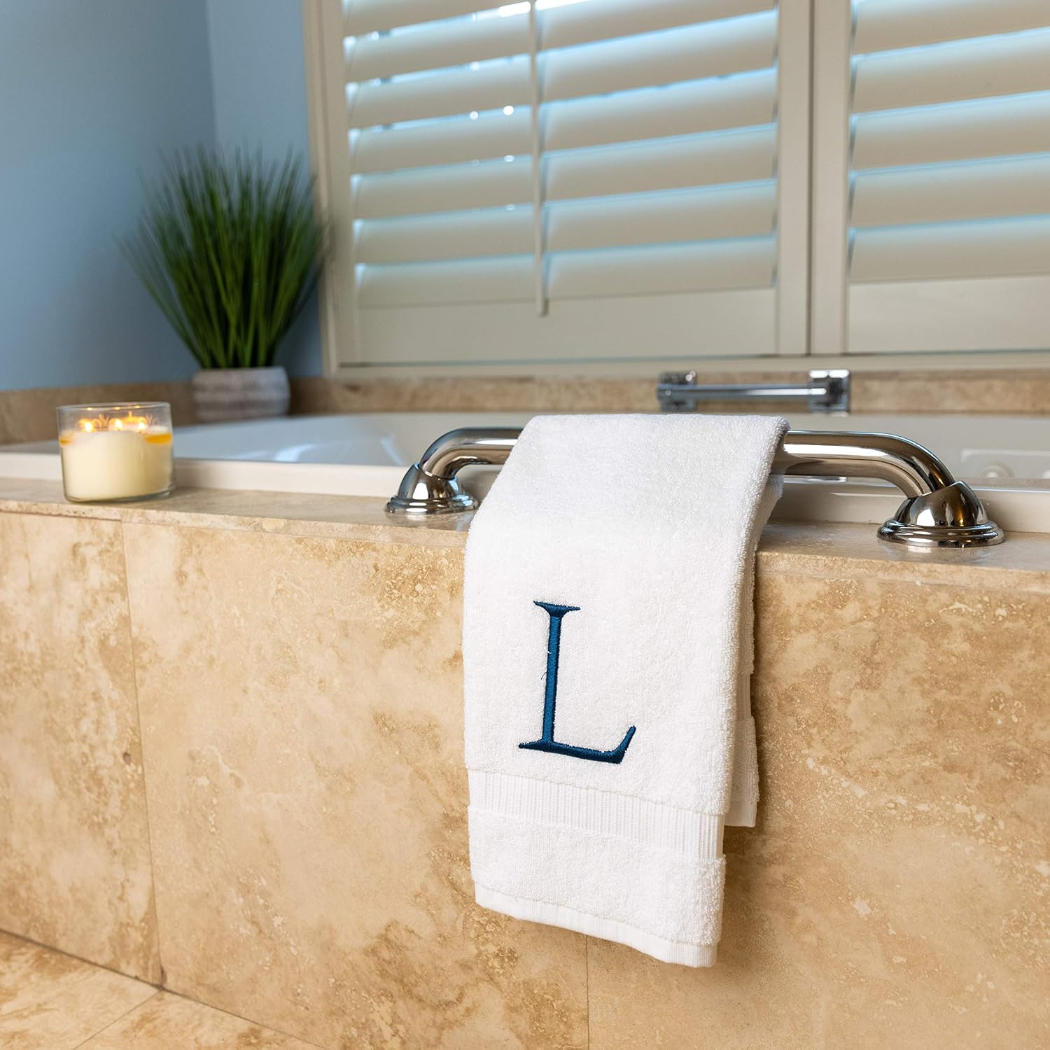 White with Navy Monogrammed Hand Towels for Bathroom - Set of 2 Letter L | Luxury Hotel Quality Initial Towels For