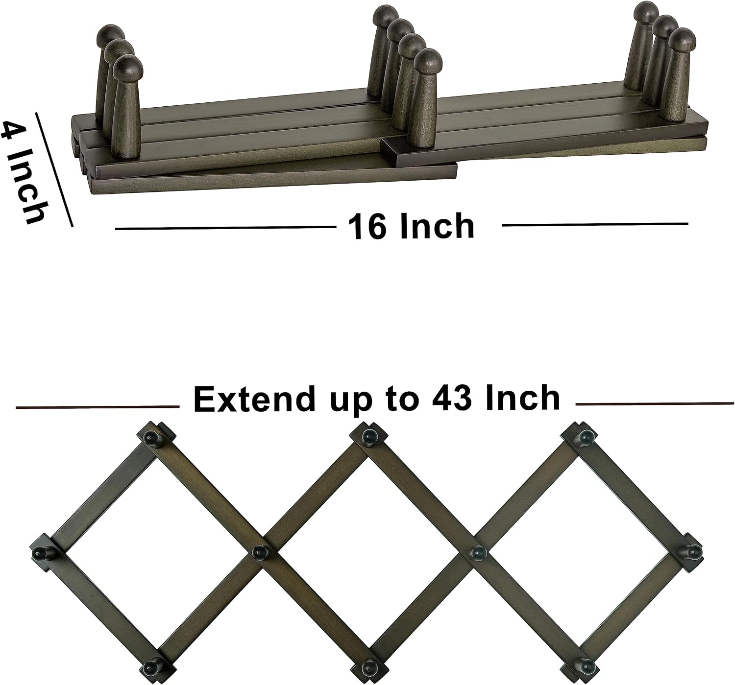 Accordion Wall Hanger: 16" High Wooden Expandable Coat Rack,Hat Rack,Accordion Hook Wall Mount for Baseball