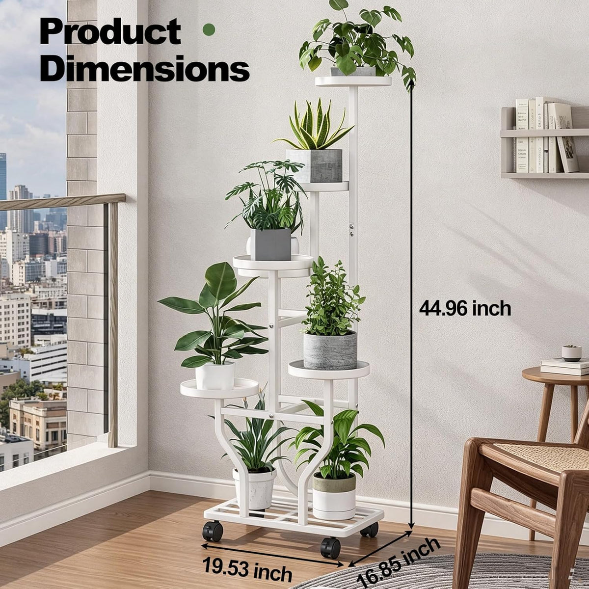 Plant Stand with Wheels, White 6 Tier Metal Plant Shelf for Indoor Outdoor | Corner Plants Stand Indoor for Bedroom