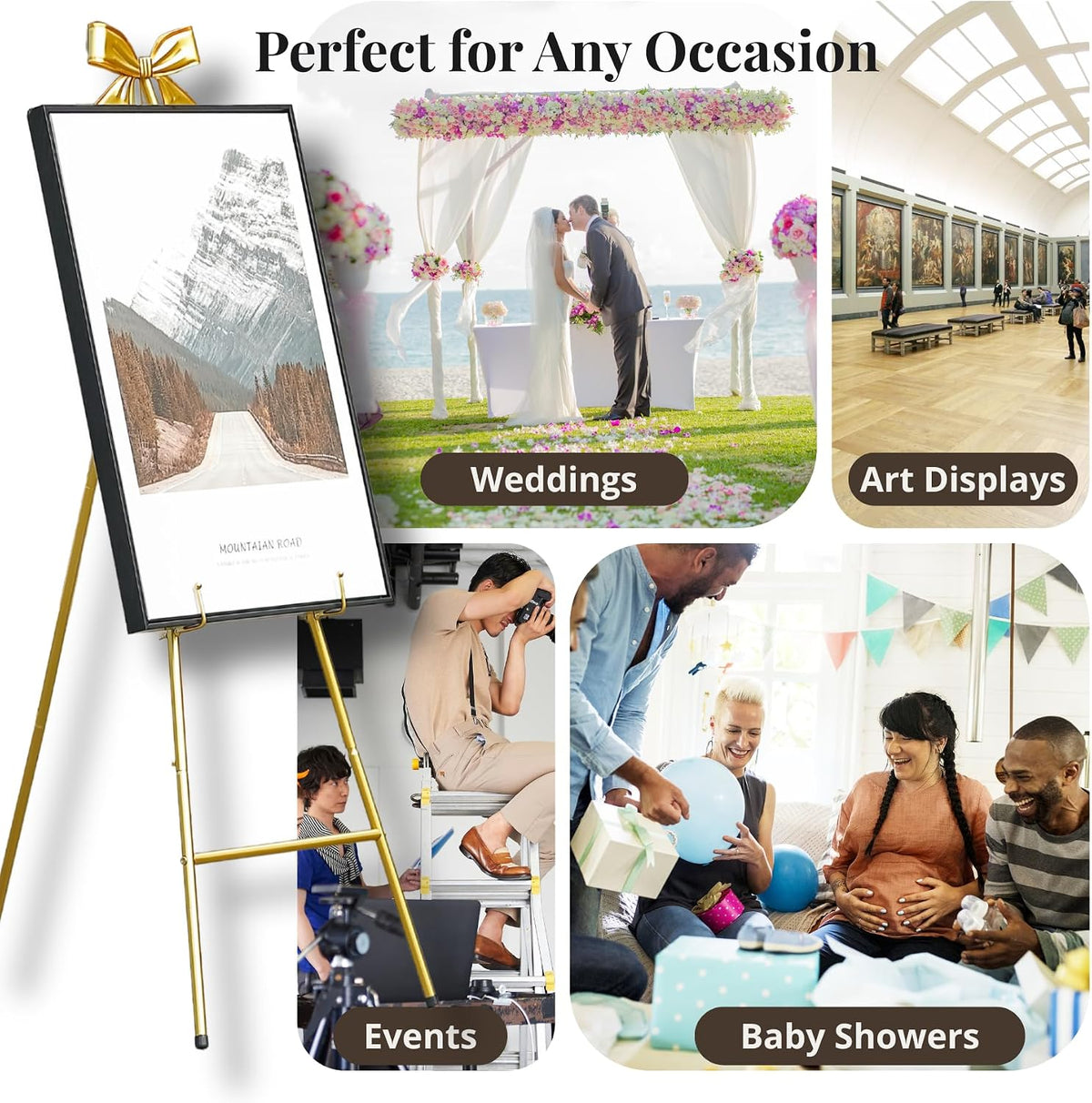 53”H Metal Gold Easel Stand for Sign Heavy Duty with Bow Top | Large Adjustable Display Standing for Wedding Displaying