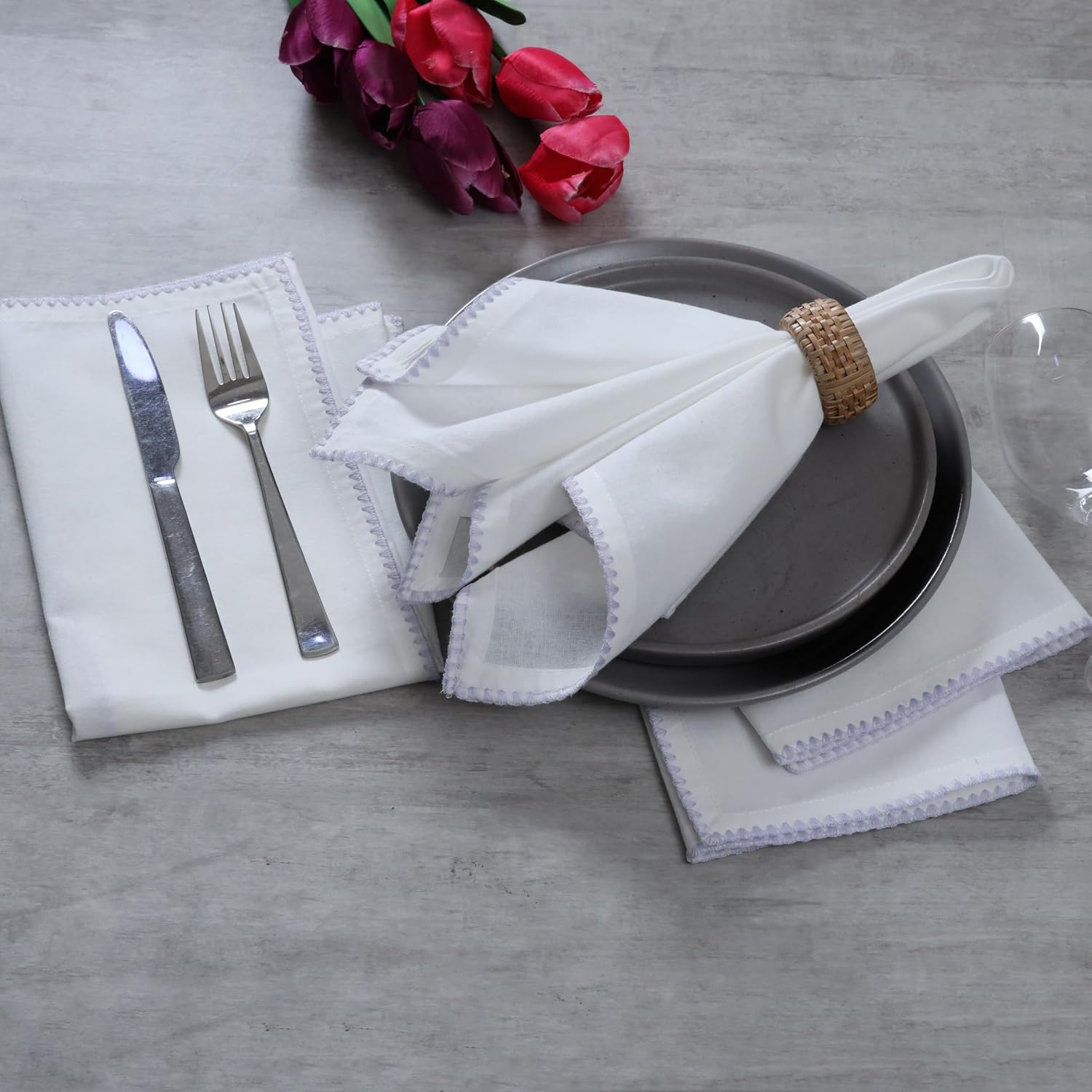 Bedding Craft Cotton Cloth Dinner Napkins Set of 12 – 18x18 Lavender Blue Napkins with Colored Edge Embroidery –