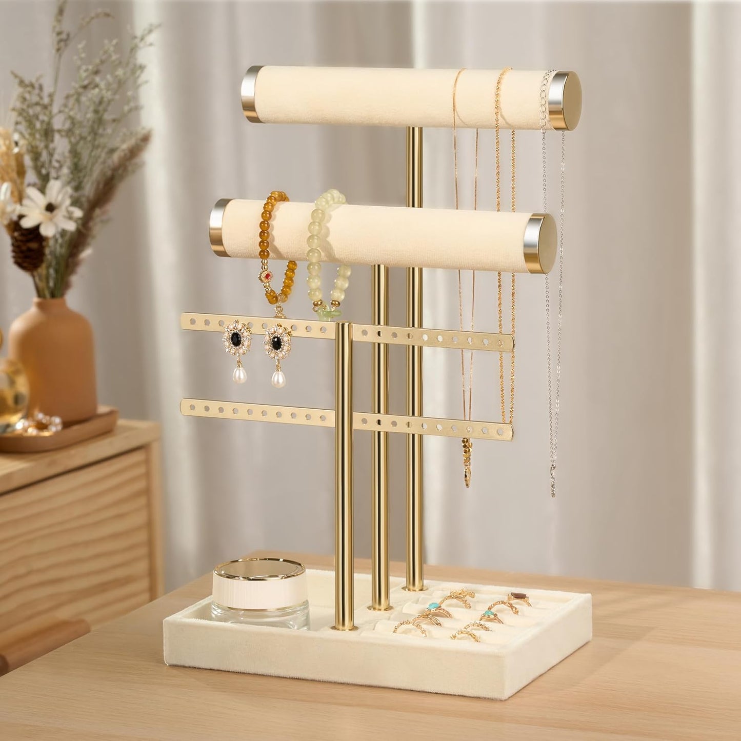 Detachable T Bar Velvet Bracelet Holder / Beige / Standard