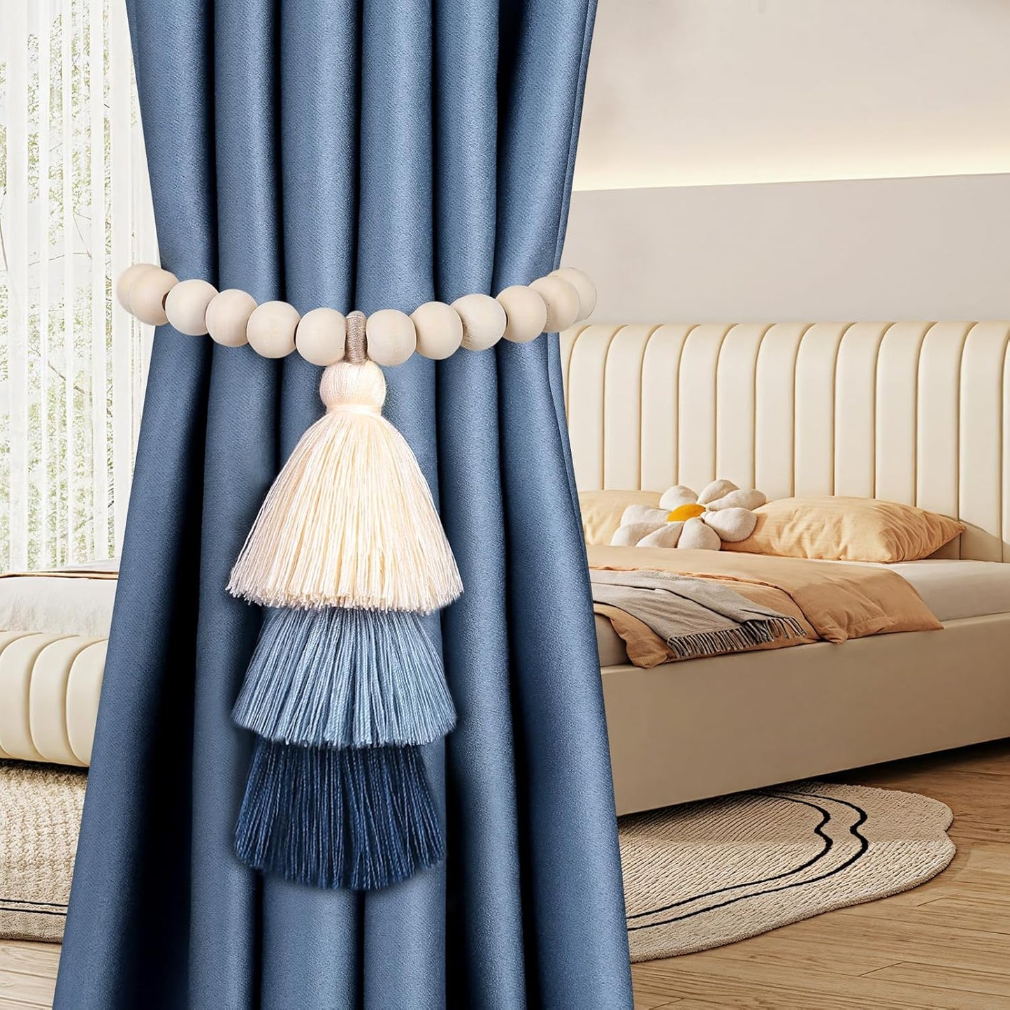 4 Pack Magnetic Curtain Tiebacks with 3-Tier Tassel, Wood Bead Curtain Holdbacks No Drill, Boho Curtain Tie Backs